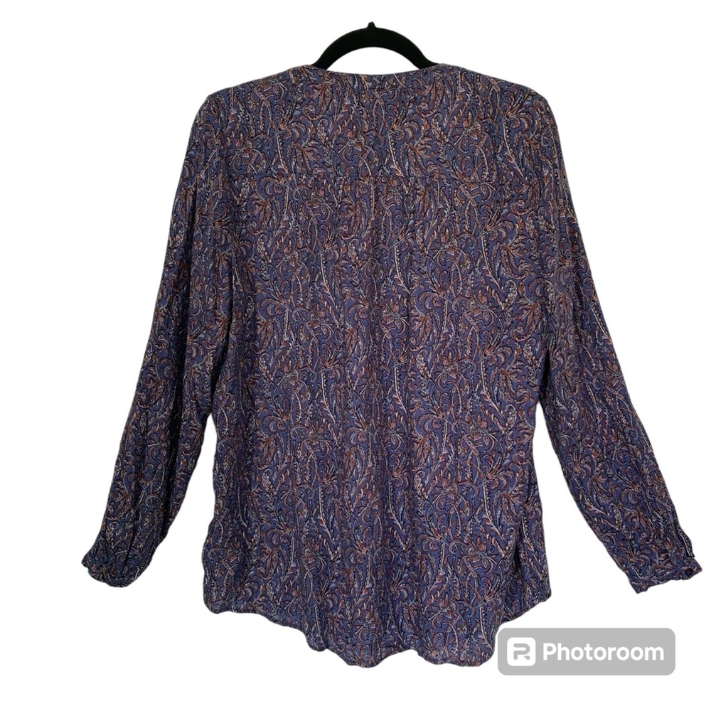 LUCKY‎ BRAND Women’s Blouse Purple Floral Scroll Pheasant Long Sleeve V-Neck L - Picture 2 of 11